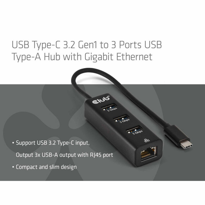 Afbeelding laden in galerijviewer, Club 3d usb-c 5 gbps naar 3 poorten usb type-a-hub met gigabit ethernet adapter (zwart)
