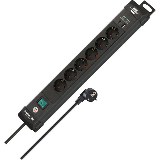 Brennenstuhl premium-line stekkerdoos 6-voudig met usb c pd 30w en usb a 18w stekkerdoos (zwart, 1x usb-a, 1x usb-c)