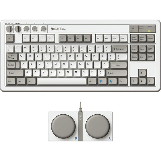 8bitdo retro mechanical keyboard m edition, gaming toetsenbord (grijs donkerrood, us lay-out, kailh box white, tkl, bluetooth low energy, wireless 2.4g, usb)