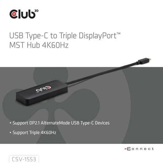Club 3d usb-c naar triple displayport mst hub (zwart, 4k60hz)