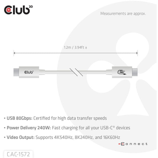 Club 3d gecertificeerde usb-c kabel (wit, 1,2 meter, 240 w)