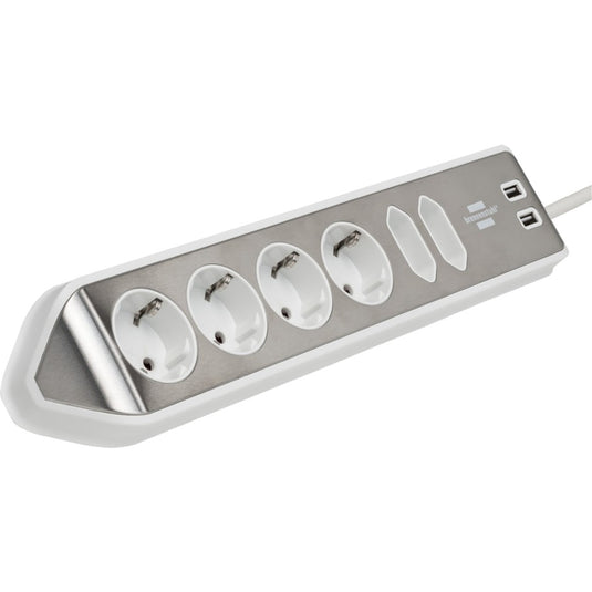 Brennenstuhl ®estilo hoekaansluitdoosstrook met usb laadfunctie 6-weg 4x beschermende contactdozen 2x euro zilver wit