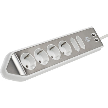 Brennenstuhl ®estilo hoekaansluitdoosstrook met usb laadfunctie 6-weg 4x beschermende contactdozen 2x euro zilver wit