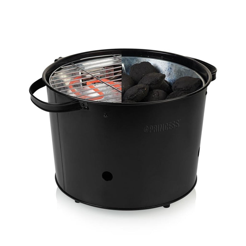 Load image into Gallery viewer, Princess 112240 hybrid bucket barbecue | elektrisch | houtskool (zwart, ø 32 cm | incl. luxe bamboe serveer- en snijplank)
