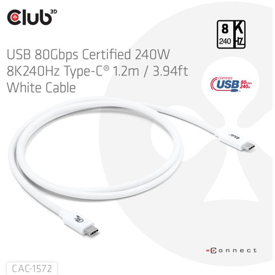 Club 3d gecertificeerde usb-c kabel (wit, 1,2 meter, 240 w)