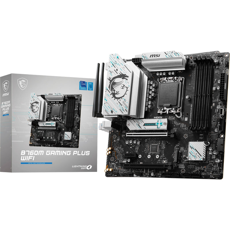 Load image into Gallery viewer, Msi b760m gaming plus wifi socket 1700 moederbord (zwart zilver, raid, 2.5 gb-lan, wi-fi 6e, bt, sound, µatx)
