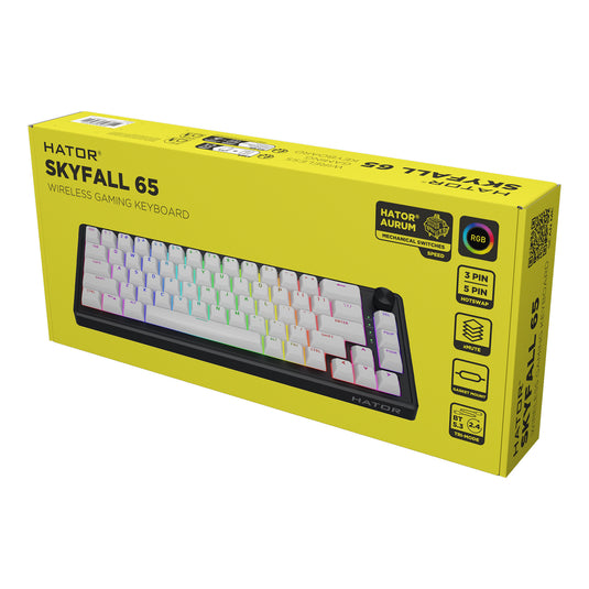 Hator skyfall wireless rgb mechanisch gaming toetsenbord (zwart, us lay-out (qwerty), hator aurum sterling, 65%, rgb, double shot abs, hot-swap, 2.4ghz | bluetooth | usb-c)