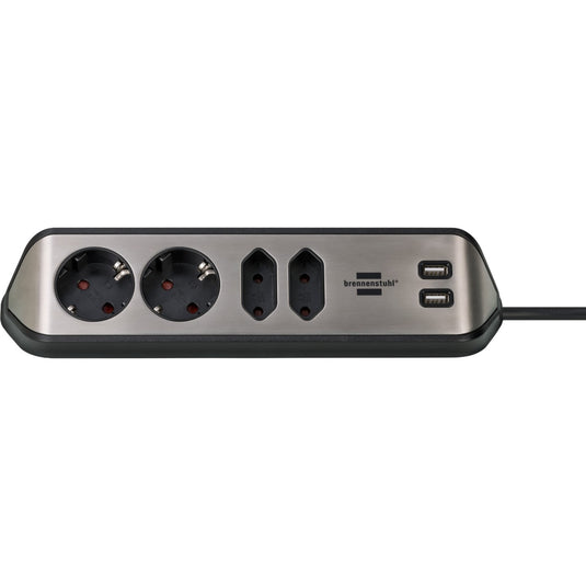 Brennenstuhl estilo hoekstekkerdoos 4-voudig stekkerdoos (zwart roestvrij staal, 2x usb)