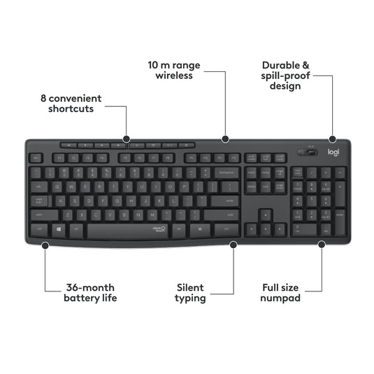 Logitech mk295 silent wireless keyboard and mouse combo desktopset (zwart, us-international lay-out (qwerty), 100%)