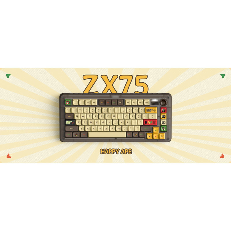 Load image into Gallery viewer, Iqunix zx75 happy ape wireless mechanical keyboard, gaming toetsenbord (bruin geel, us lay-out, ttc holy panda, rgb leds, 75%, hot-swappable, double-shot pbt, 2.4ghz | bluetooth 5.1 | usb-c)
