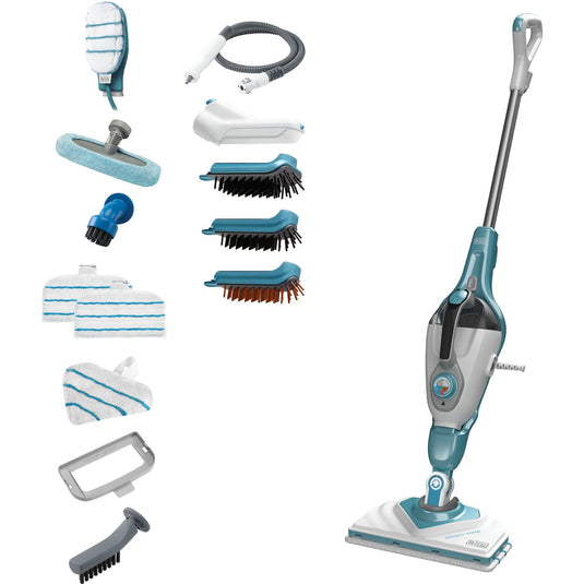 Black+decker bhsm1610dsm 1600w steam-mop met steamitt, deltavoet en 15 accessoires stoomreiniger (wit blauwgrijs)