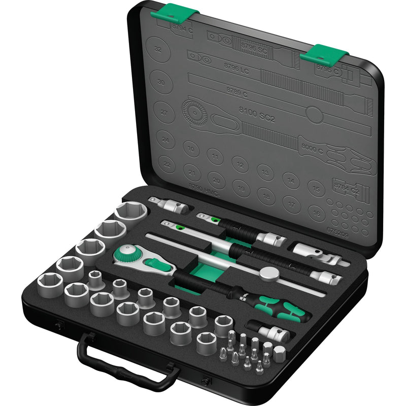 Load image into Gallery viewer, Wera 8100 sc 2 zyklop speed-ratelset, 1 2 , 37‑delig gereedschapsset (zwart groen, snelheidsratel met draaibare kop)
