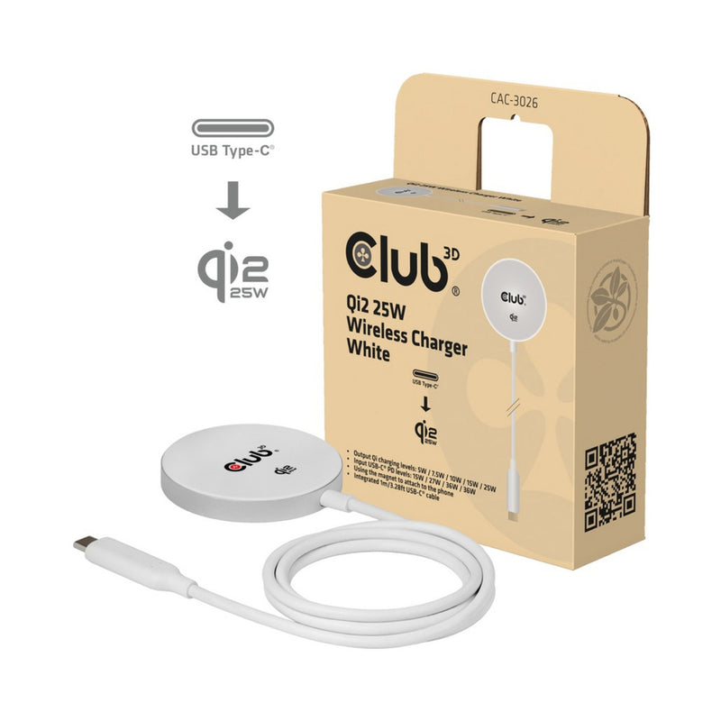 Afbeelding laden in galerijviewer, Club 3d cac-3026 qi2 25w draadloze oplader (wit, qi-gecertificeerd, magsafe-compatibel, magnetisch pad)
