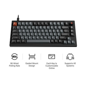 Keychron v1w-d1 8k qmk wired custom mechanical keyboard (zwart, us lay-out (qwerty), super red, 75%, rgb leds, double-shot pbt, hot swap, 8k, knop)