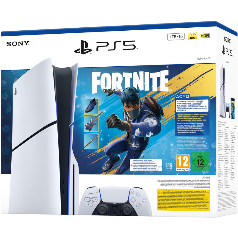 Load image into Gallery viewer, Sony playstation 5 (slim) - 1 tb - fortnite flowering chaos bundel spelconsole (wit zwart)
