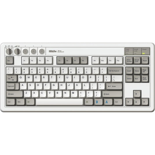 8bitdo retro mechanical keyboard m edition, gaming toetsenbord (grijs donkerrood, us lay-out, kailh box white, tkl, bluetooth low energy, wireless 2.4g, usb)