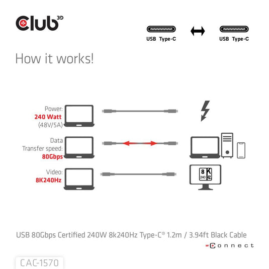 Club 3d usb-c 80gbps certified 240w 8k 240hz kabel (zwart, 1.2m)