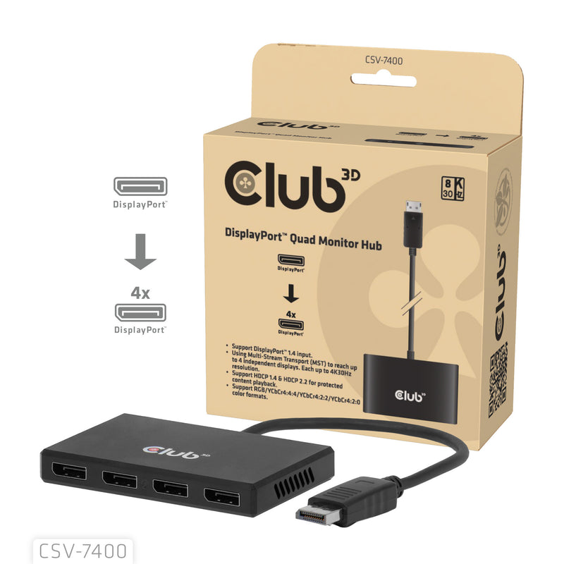 Chargez l'image dans la visionneuse de la galerie, Club 3d displayport quad monitor hub mst 4x 4k30hz displayport splitter (zwart)

