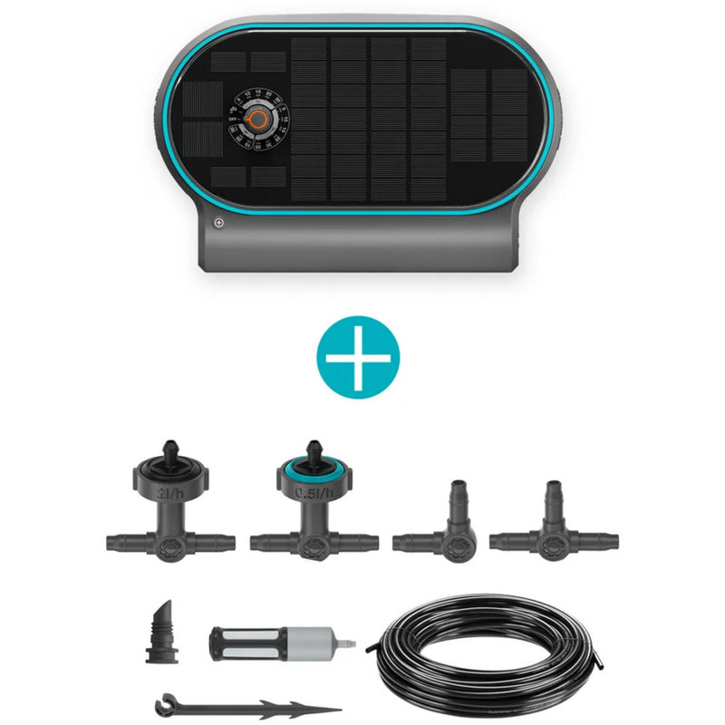 Afbeelding laden in galerijviewer, Gardena aquabloom set l voor bewatering op zonne-energie besproeiingscomputer (grijs turquoise, automatisch besproeiingssysteem, accu inbegrepen)
