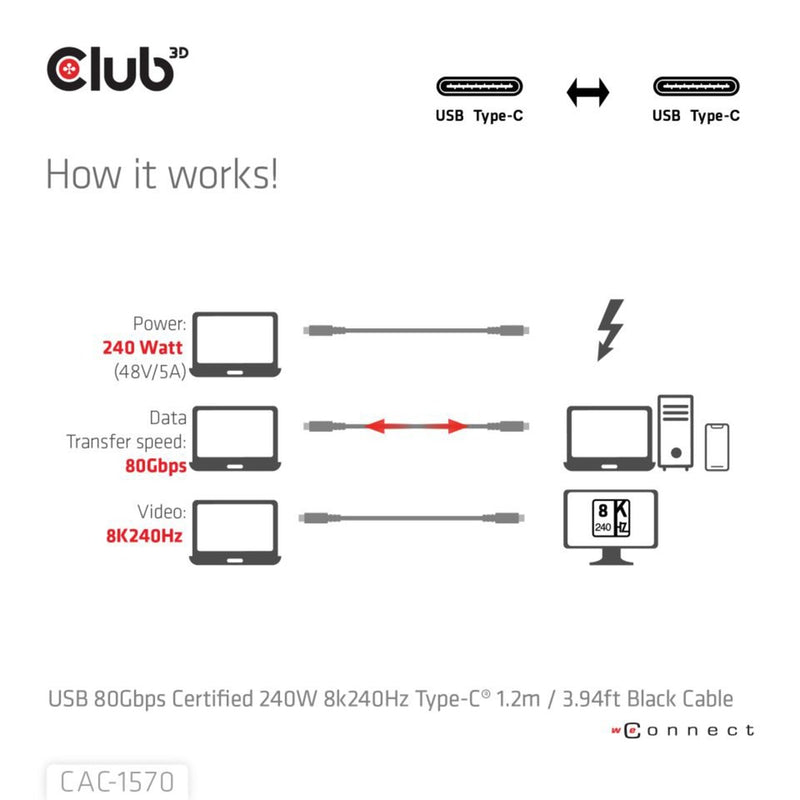 Load image into Gallery viewer, Club 3d usb-c 80gbps certified 240w 8k 240hz kabel (zwart, 1.2m)
