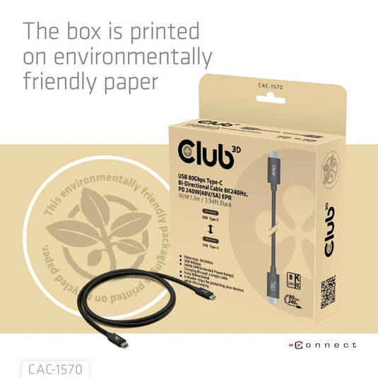 Club 3d usb-c 80gbps certified 240w 8k 240hz kabel (zwart, 1.2m)