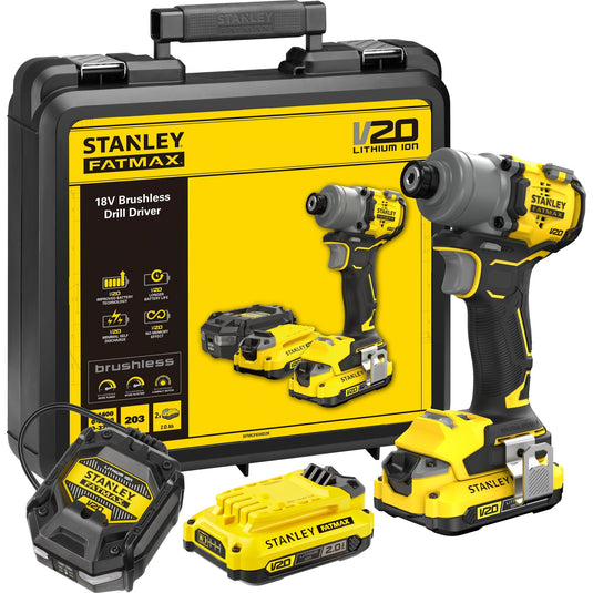 Stanley v20 18v borstelloze slagschroevendraaier (geel zwart, koffer, 2 accu's en oplader inbegrepen)