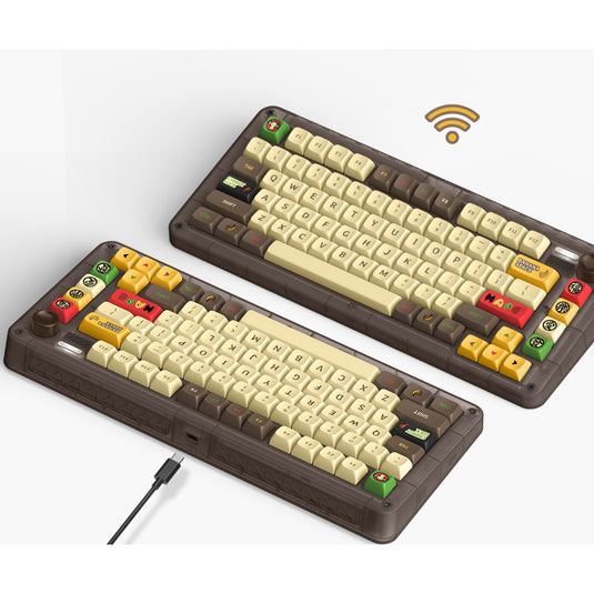 Iqunix zx75 happy ape wireless mechanical keyboard, gaming toetsenbord (bruin geel, us lay-out, ttc holy panda, rgb leds, 75%, hot-swappable, double-shot pbt, 2.4ghz | bluetooth 5.1 | usb-c)