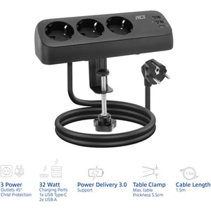 Act connectivity act stekkerdoos met 3 type-f stopcontacten, 30w power delivery, usb type-c a poorten, kabellengte 1,5 meter ac2480