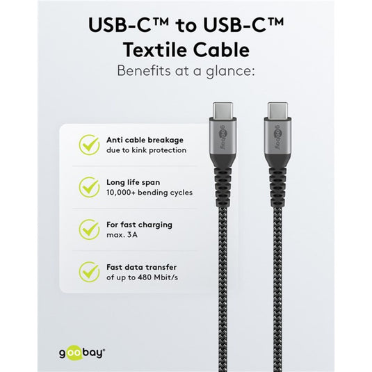 Goobay usb-c snellader nano (65 w) en usb-c textielkabel (zwart, 2x usb-c, 1x usb-a, 1 meter)