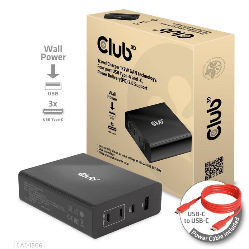 Load image into Gallery viewer, Club 3d travel charger 132w gan technology, four port usb type-a and -c (zwart, power delivery(pd) 3.0)
