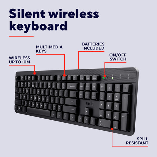 Trust ody ii silent wireless keyboard, toetsenbord (zwart, eu lay-out (qwerty), membraan)