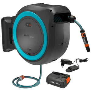 Gardena 35 m wand-slangenbox powerroll xl slanghaspel (grijs turquoise, 35 meter, accu en oplader inbegrepen, power for all alliance)
