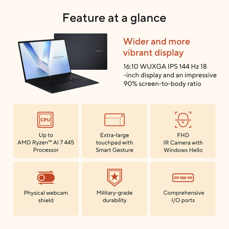 Laden Sie das Bild in Galerie -Viewer, Asus vivobook 18 m1807ga-s8004w 18 laptop (blauw | ryzen 7 445 | radeon 840m | 32 gb | 1 tb ssd)
