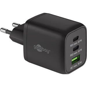 Goobay usb-c snellader nano (65 w) en usb-c textielkabel (zwart, 2x usb-c, 1x usb-a, 1 meter)