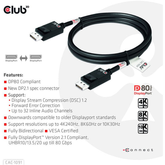 Club 3d displayport 2.1 bi-directional vesa dp80 certified kabel 4k 240 hz (zwart, 1,2 meter)