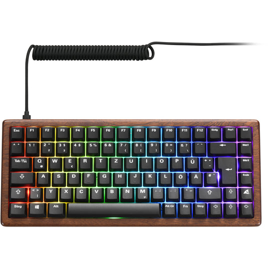 Sharkoon skiller sgk50 s3 wood pbt rgb mechanisch gaming toetsenbord (houtkleur, us lay-out (qwerty), gateron g pro 3.0 yellow, 75%, rgb leds)