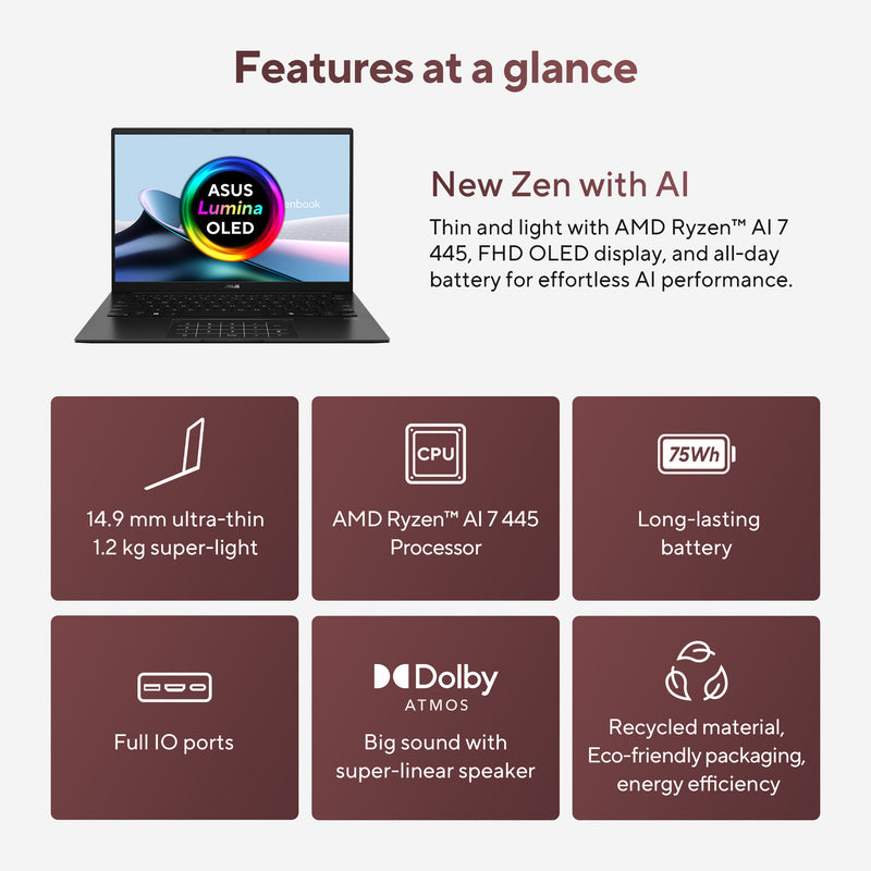 Cargue la imagen en el visor de la galería, Asus zenbook 14 um3406ga-qd031w 14 copilot+ laptop (zwart | ryzen ai 7 445 | radeon 840m | 32 gb | 1 tb ssd)
