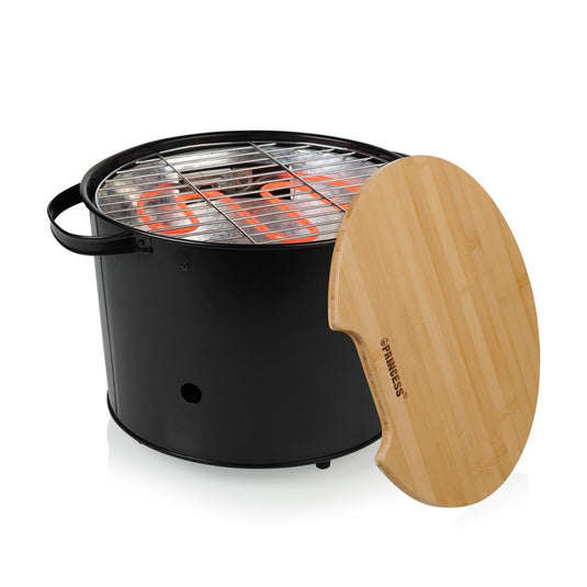 Princess 112240 hybrid bucket barbecue | elektrisch | houtskool (zwart, ø 32 cm | incl. luxe bamboe serveer- en snijplank)