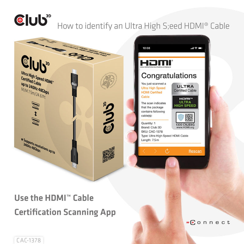 Load image into Gallery viewer, Club 3d ultra high speed hdmi 2.1 gecertificeerde kabel male-male (zwart, 7,5 meter, 4k 240hz, 8k 60hz, 48gbps)

