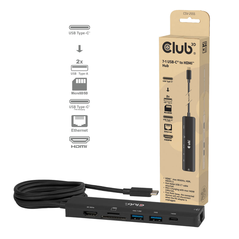 ギャラリービューアに画像をロードする, Club 3d csv-2555 7-1 usb-c naar hdmi hub (zwart, 4k60hz, pd3.1 140w, usb-a, usb-c, lan, microsd)
