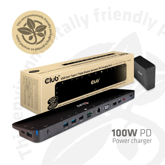 Club 3d usb-c 3.2 gen1 triple display dynamic pd dockingstation (zwart, 100 w)