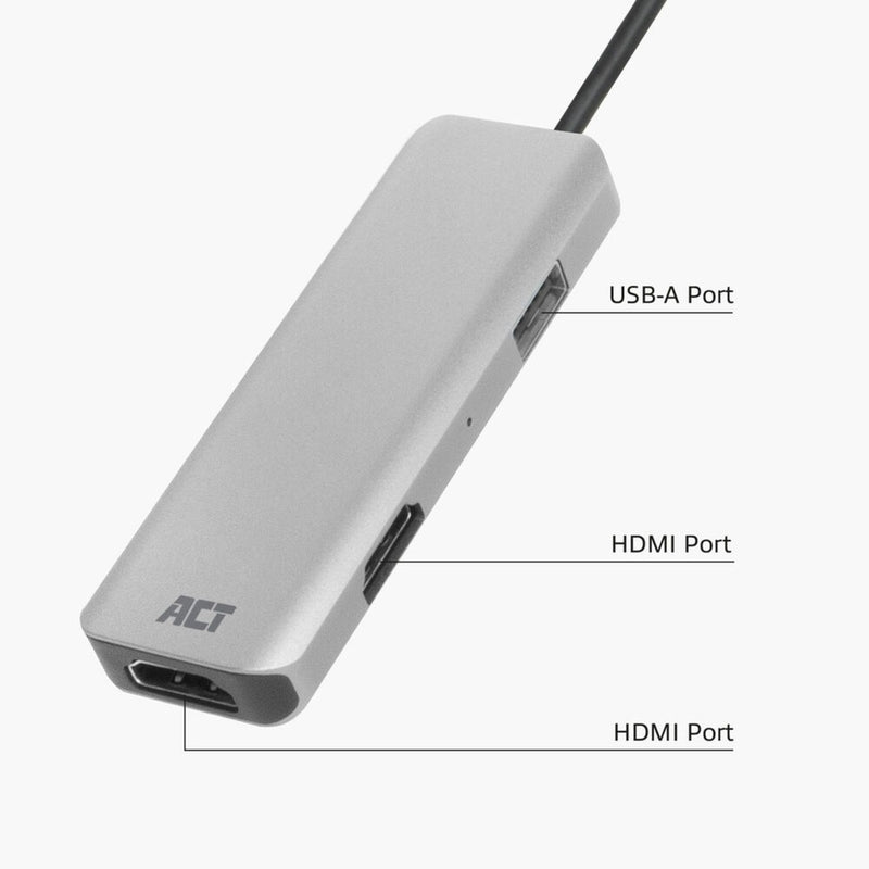 Load image into Gallery viewer, Act connectivity usb-c 4k multiport adapter voor 2 hdmi schermen, usb-a datapoort (aluminium)
