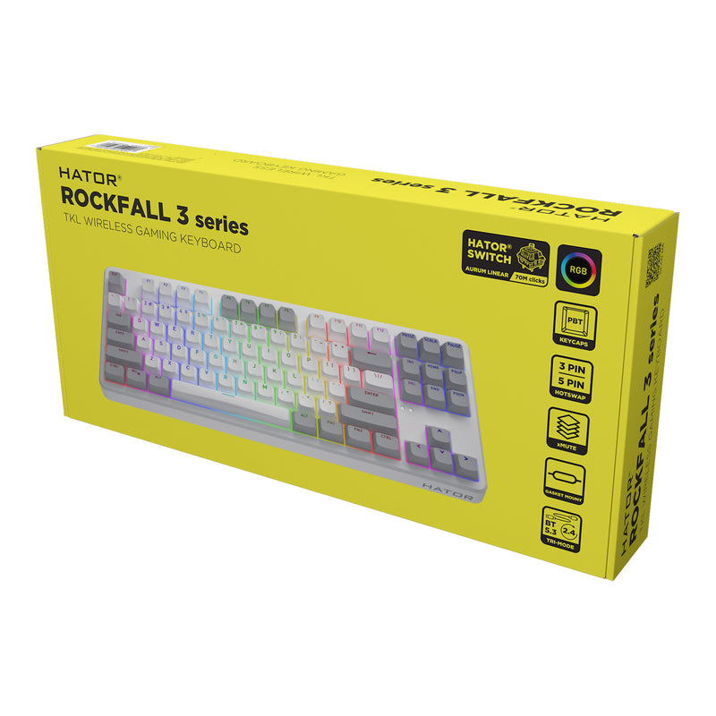 Chargez l'image dans la visionneuse de la galerie, Hator rockfall 3 tkl wireless rgb mechanisch gaming toetsenbord (wit, us lay-out (qwerty), hator aurum orange, 80% (tkl), rgb, pbt keycaps, hotswap, 2.4 ghz bluetooth usb-c)
