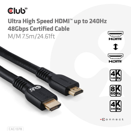 Club 3d ultra high speed hdmi certified kabel (zwart, 7,5 meter, 4k120 hz, 8k60 hz)