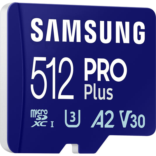 Samsung pro plus 512 gb microsdxc (2023) geheugenkaart (blauw, uhs-i u3, class 10, v30, a2)