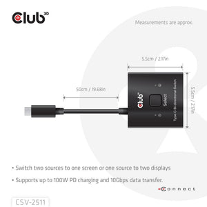 Club 3d usb-c bi-directional video + data + pd switch usb-switch (zwart)