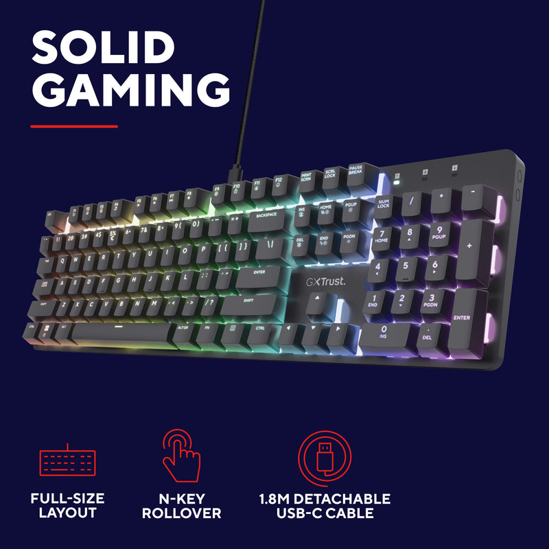 Load image into Gallery viewer, Trust gxt 871 zora mechanisch gaming toetsenbord (zwart, us lay-out (qwerty), huano red, 100%, rgb)
