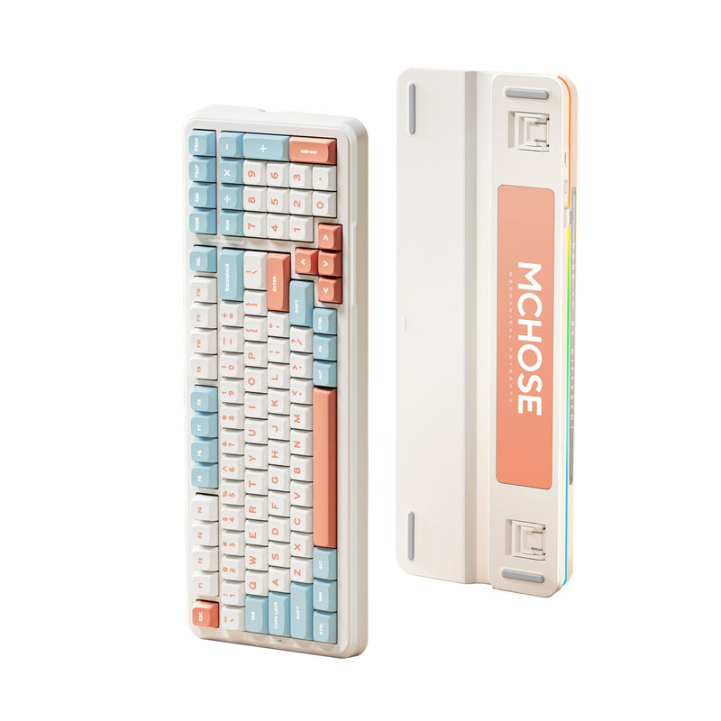 Chargez l'image dans la visionneuse de la galerie, Mchose k99 horizon orange hyacinth wireless gasket mount mechanical rgb toetsenbord (wit, us lay-out (qwerty), ktt hyacinth, rgb, hot swap, double-shot pbt, draadloos | bluetooth | usb-c)
