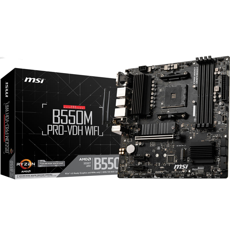 Afbeelding laden in galerijviewer, Msi b550m pro-vdh wifi socket am4 moederbord (zwart, raid, gb-lan, wi-fi 5, bt, sound, µatx)
