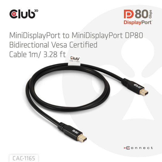 Club 3d minidisplayport naar minidisplayport dp80 bidirectioneel kabel (zwart, 1 meter, vesa-gecertificeerd)